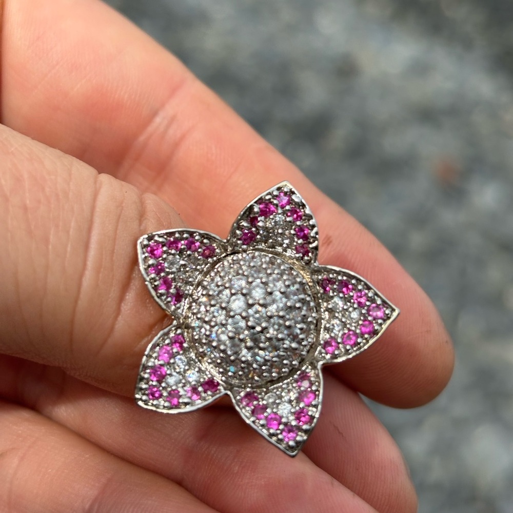 VINTAGE Couture Pink Corundum & Crystal Floral Cocktail Ring Silver Tone Size 8